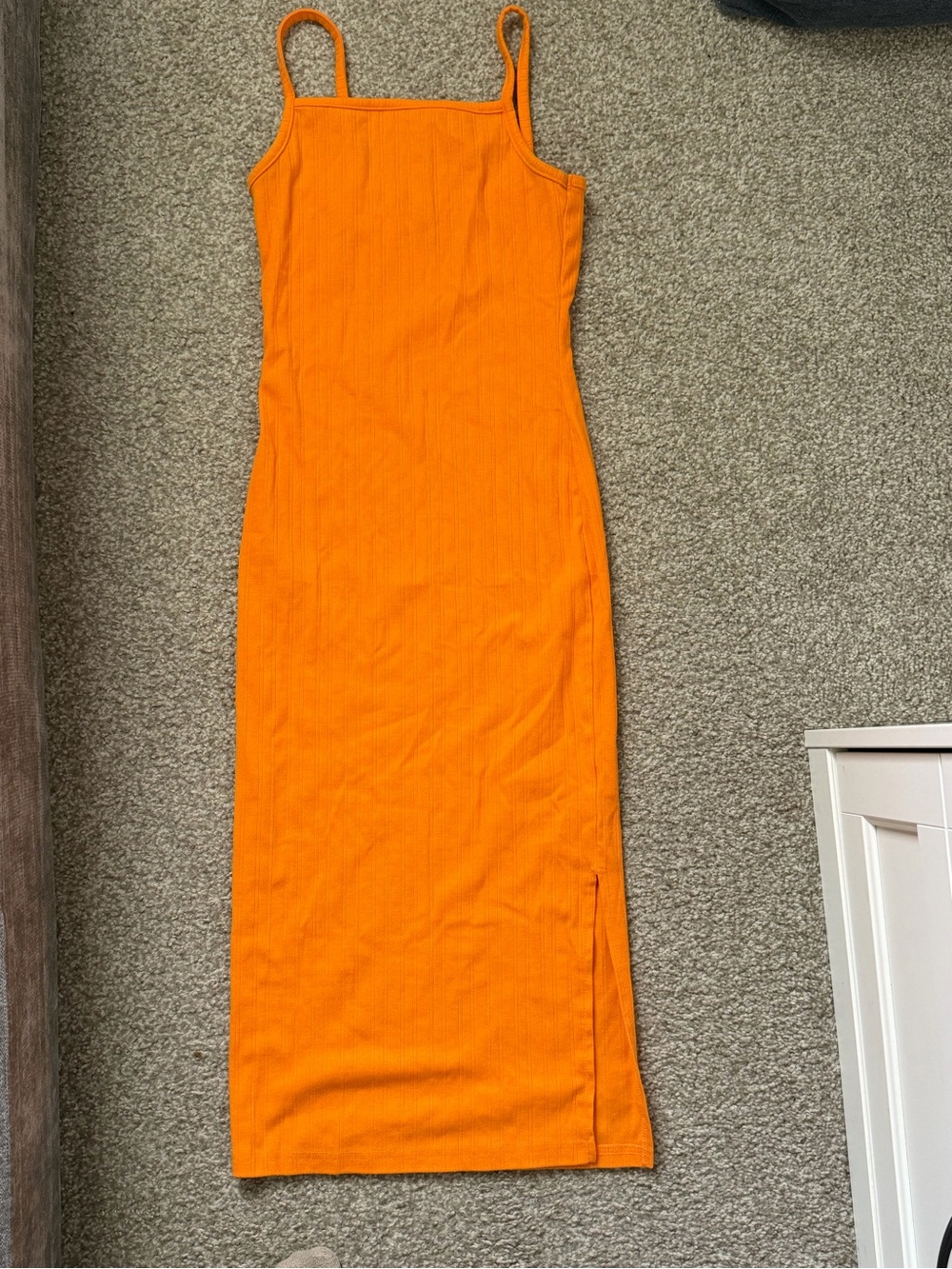 Women's Orange Ribbed midi Dress with Spaghetti Straps